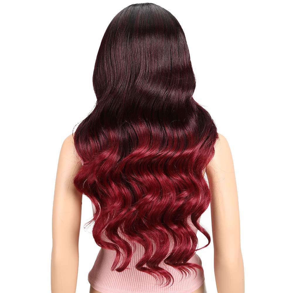 Joedir | Big Curly Wavy Free Parting Lace Frontal Wig Synthetic Wigs With Baby Hair | 26 inch Length | Ombre Black to Dark Wine