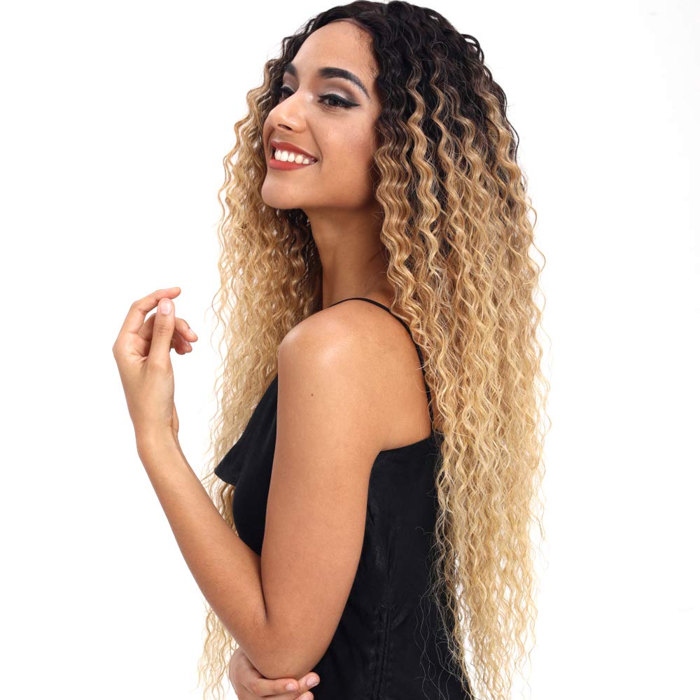Joedir | Long Small Curly Wavy 1.5"x4.5" Lace Front Synthetic Wig | 28 inch Length | Ombre Blonde