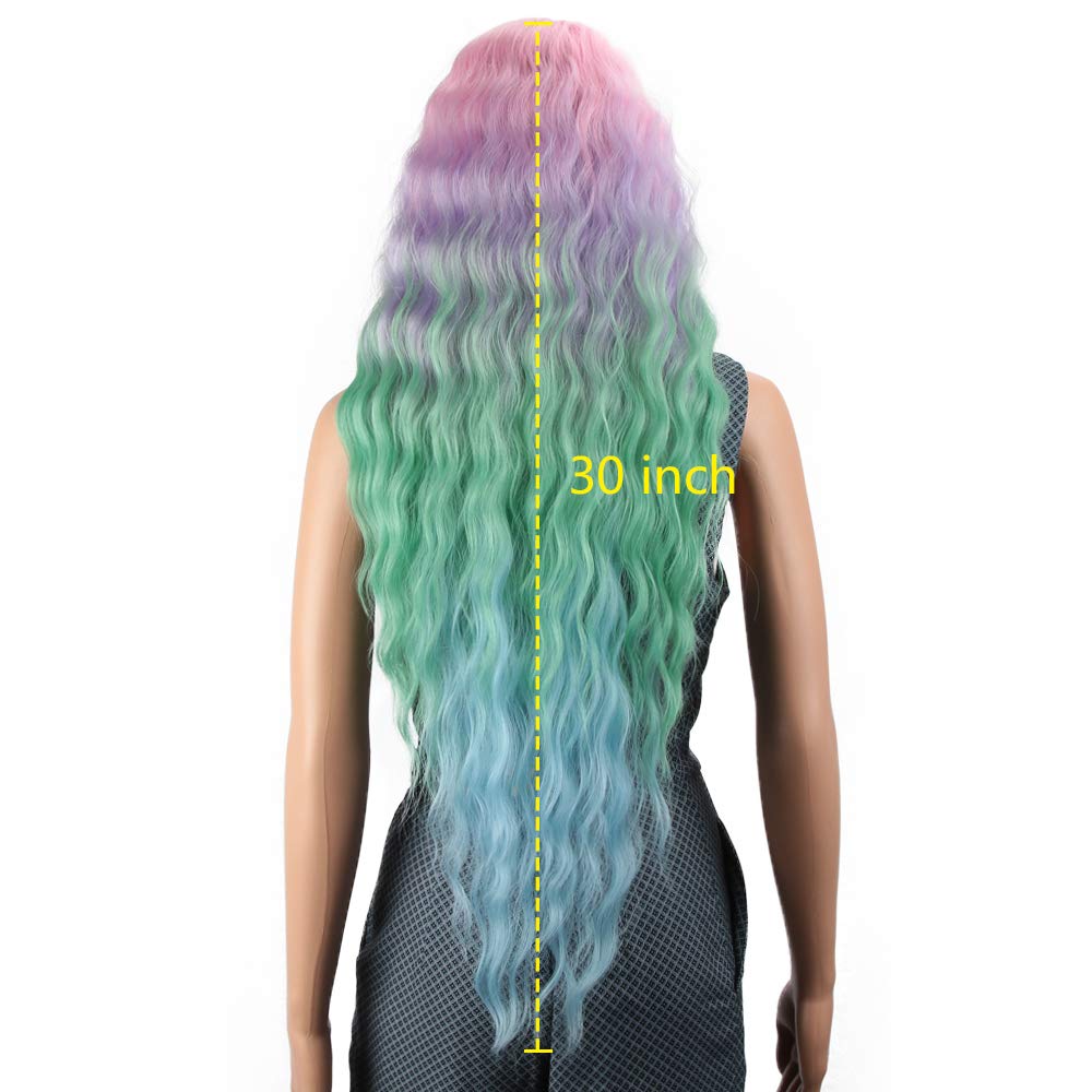 Joedir | Long Wavy Lace Front Synthetic Wigs with Baby Hair | 30 inch Length | Ombre Rainbow
