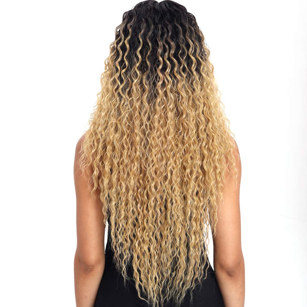 Joedir | Long Small Curly Wavy 1.5"x4.5" Lace Front Synthetic Wig | 28 inch Length | Ombre Blonde