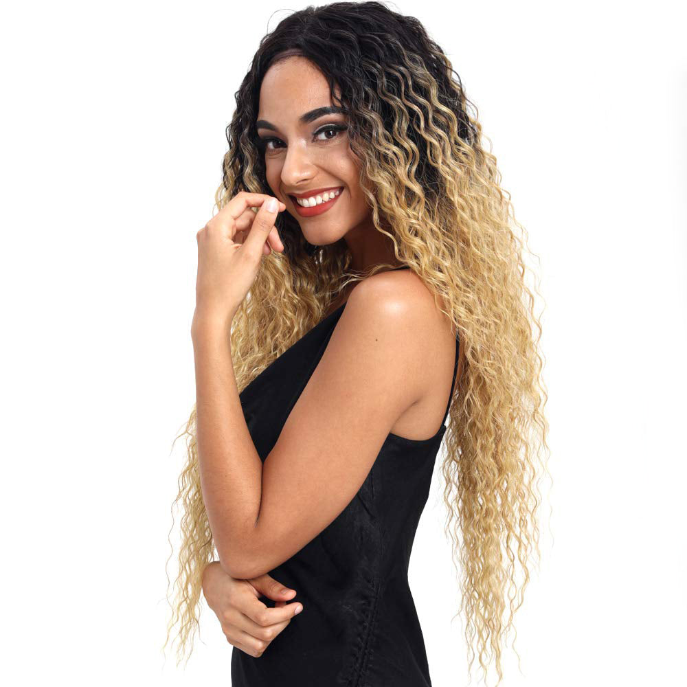 Joedir | Long Small Curly Wavy 1.5"x4.5" Lace Front Synthetic Wig | 28 inch Length | Ombre HoneyBlonde