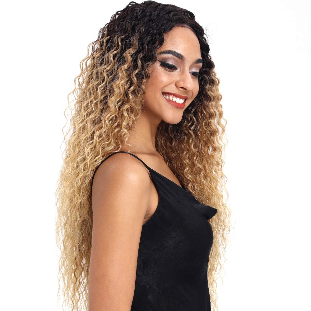 Joedir | Long Small Curly Wavy 1.5"x4.5" Lace Front Synthetic Wig | 28 inch Length | Ombre Blonde