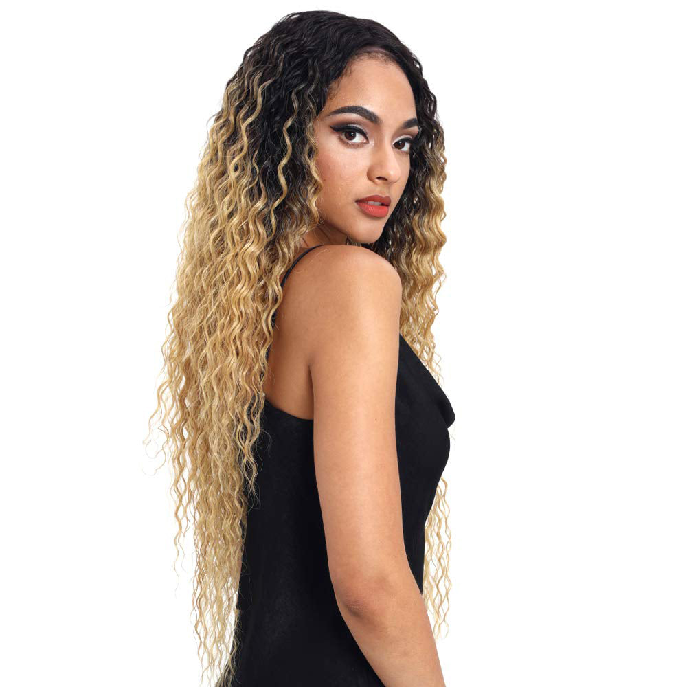 Joedir | Long Small Curly Wavy 1.5"x4.5" Lace Front Synthetic Wig | 28 inch Length | Ombre HoneyBlonde