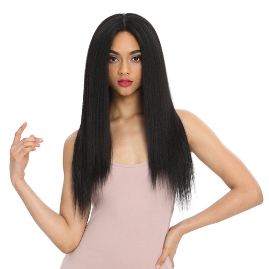 Joedir | Straight Yaki Free Part Synthetic Wig with Baby Hair | 24 inch Length | Natural Black