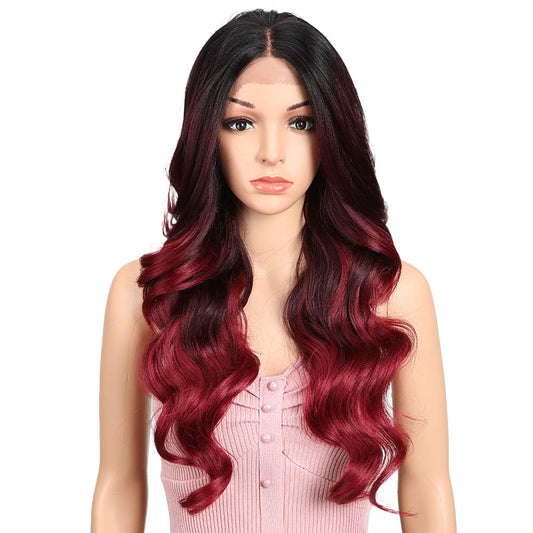Joedir | Big Curly Wavy Free Parting Lace Frontal Wig Synthetic Wigs With Baby Hair | 26 inch Length | Ombre Black to Dark Wine