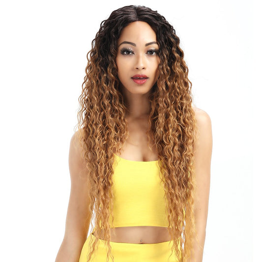 Joedir | Long Small Curly Wavy 1.5"x4.5" Lace Front Synthetic Wig | 28 inch Length | Ombre Honey