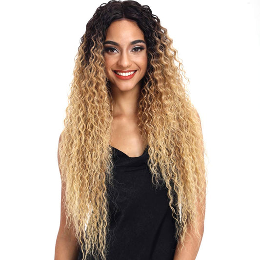 Joedir | Long Small Curly Wavy 1.5"x4.5" Lace Front Synthetic Wig | 28 inch Length | Ombre Blonde