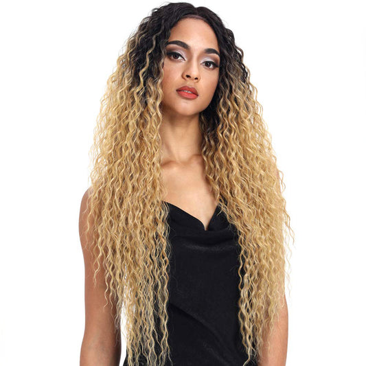 Joedir | Long Small Curly Wavy 1.5"x4.5" Lace Front Synthetic Wig | 28 inch Length | Ombre HoneyBlonde